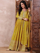 Mustard Georgette Solid Embroidered Anarkali Gown With Dupatta