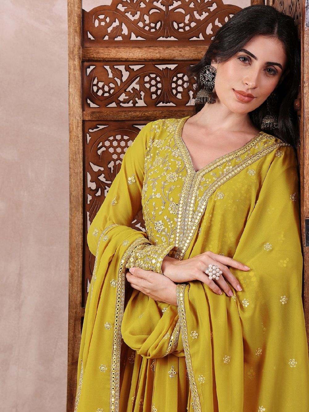 Mustard Georgette Solid Embroidered Anarkali Gown With Dupatta