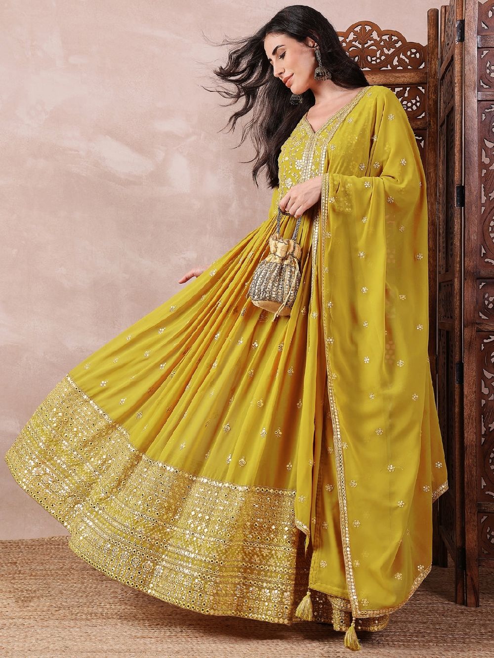 Mustard Georgette Solid Embroidered Anarkali Gown With Dupatta