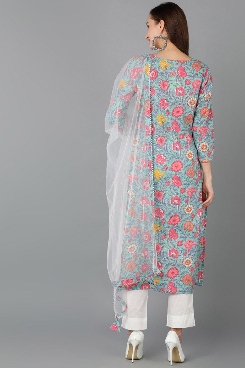 Sea Green Rayon Blend Floral Straight Kurta Pant With Dupatta