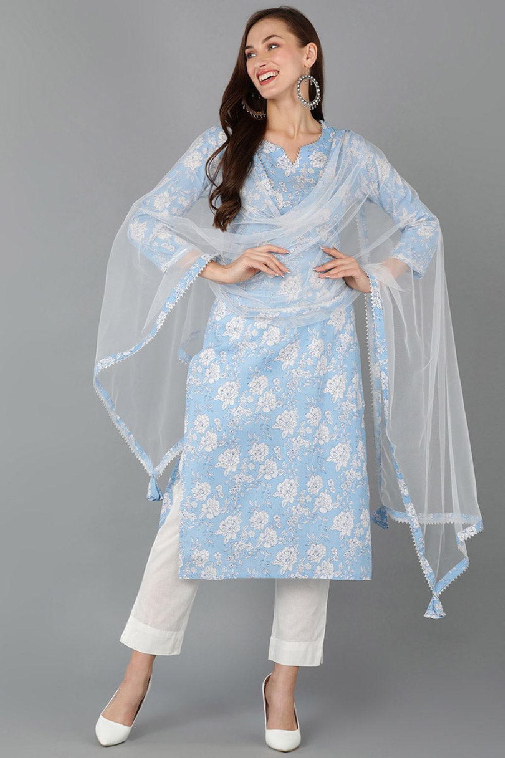 Blue Rayon Blend Floral Straight Kurta Pant With Dupatta