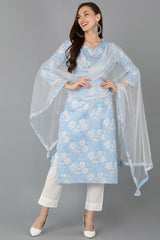 Blue Rayon Blend Floral Straight Kurta Pant With Dupatta