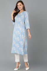 Blue Rayon Blend Floral Straight Kurti Pant With Dupatta