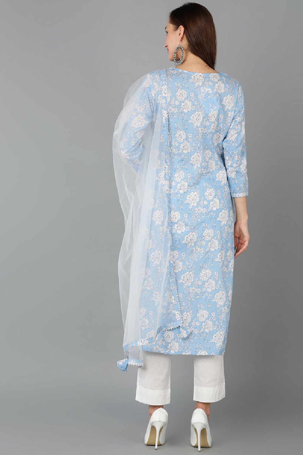 Blue Rayon Blend Floral Straight Kurti Pant With Dupatta