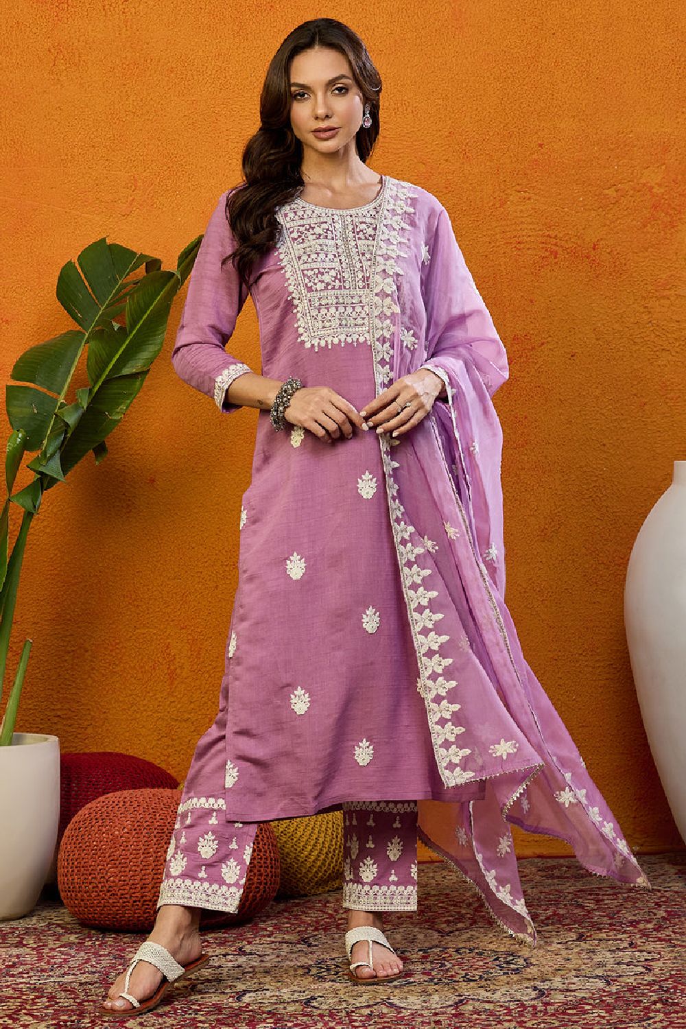 Pink Silk Blend Solid Embroidered Straight Suit Set