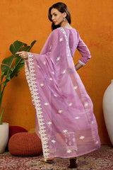 Pink Silk Blend Solid Embroidered Straight Suit Set