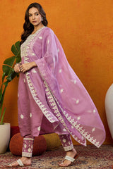 Pink Silk Blend Solid Embroidered Straight Suit Set