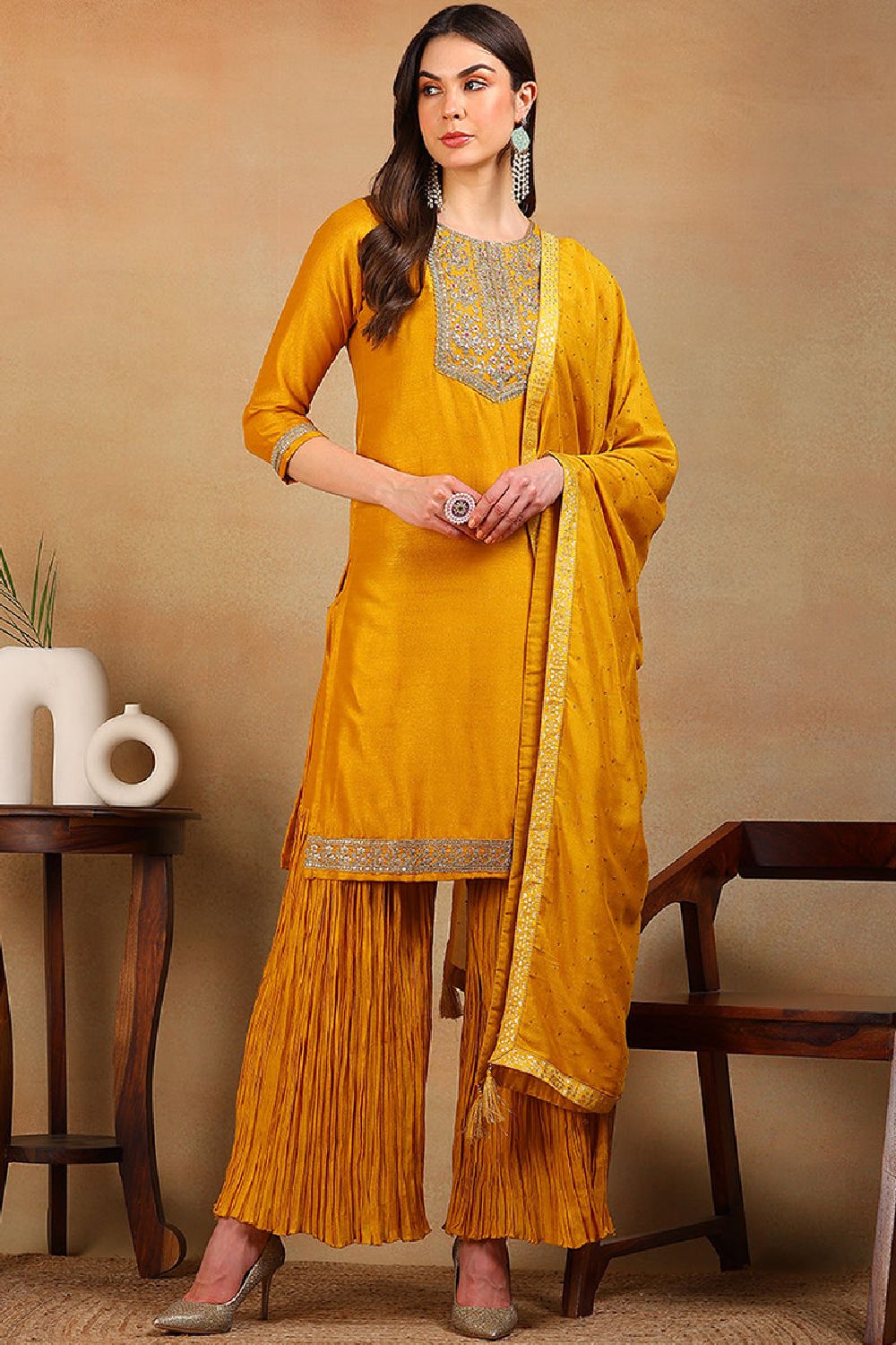 Yellow Silk Blend Solid Embroidered Straight Suit Set