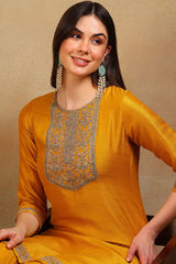 Yellow Silk Blend Solid Embroidered Straight Suit Set