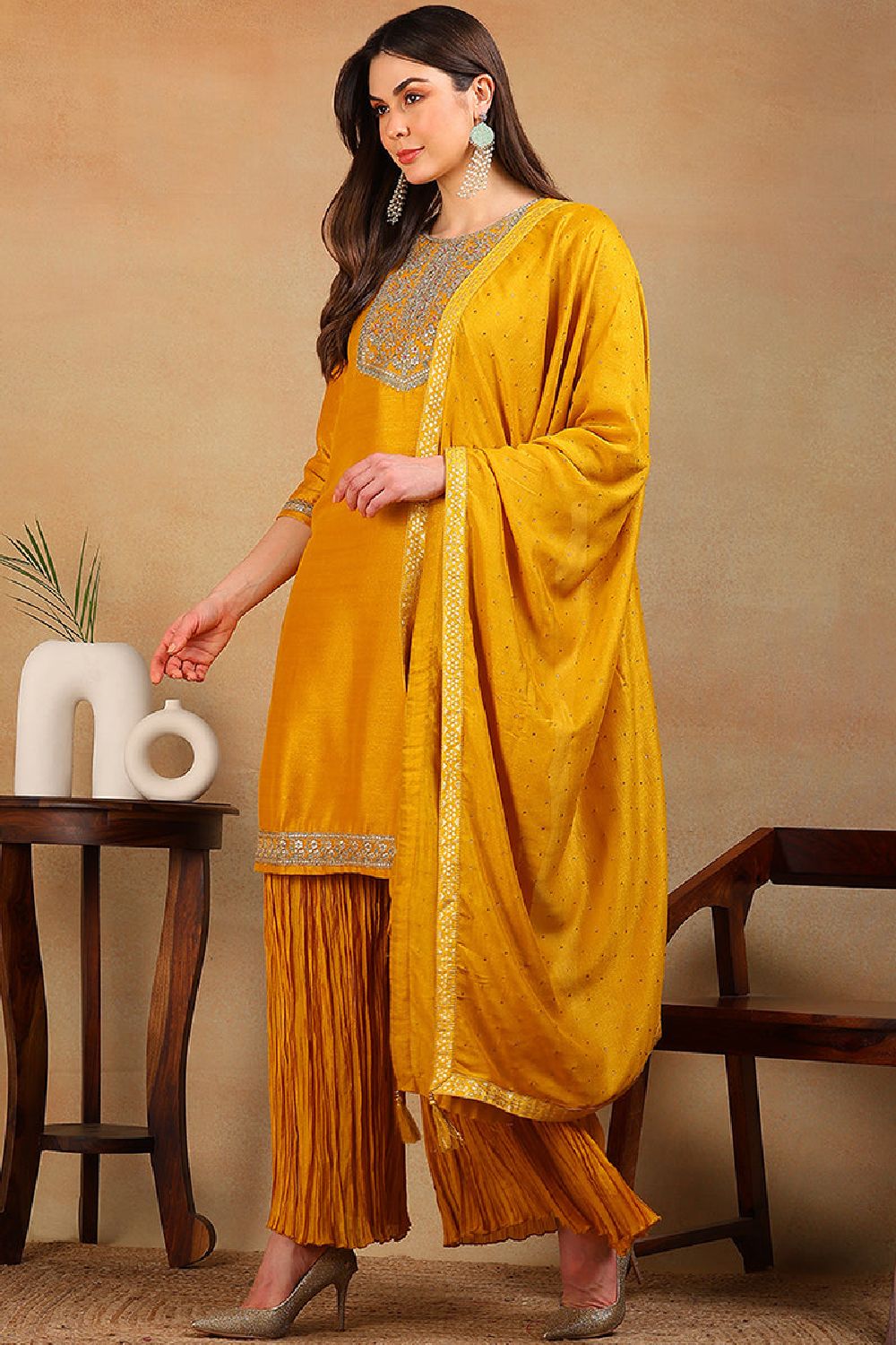 Yellow Silk Blend Solid Embroidered Straight Suit Set