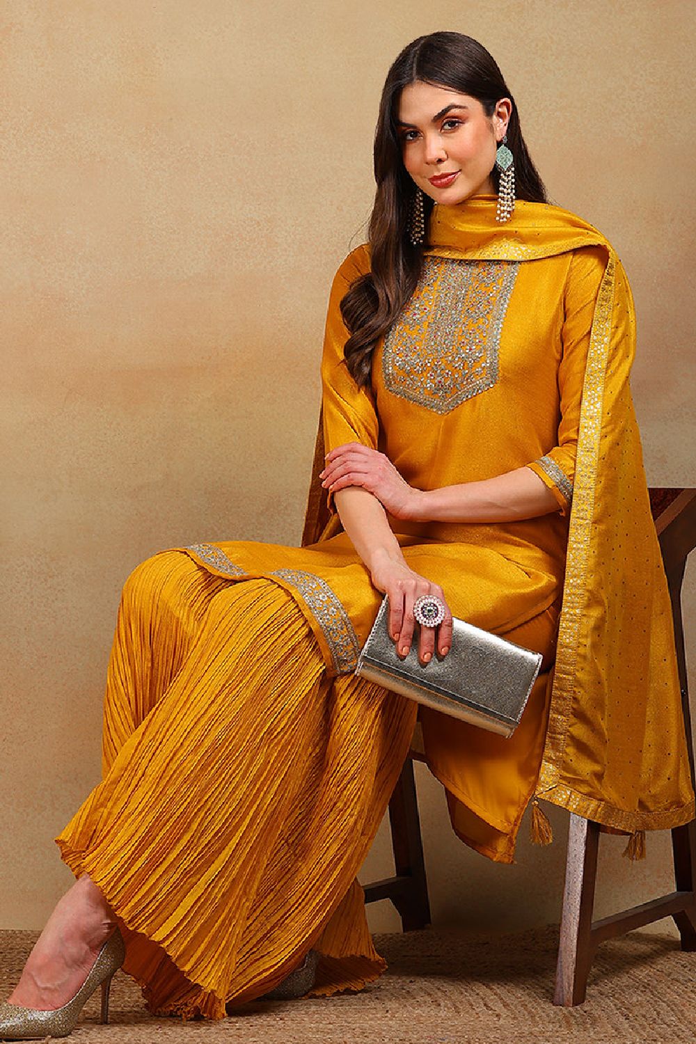 Yellow Silk Blend Solid Embroidered Straight Suit Set