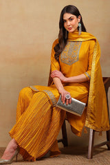 Yellow Silk Blend Solid Embroidered Straight Suit Set