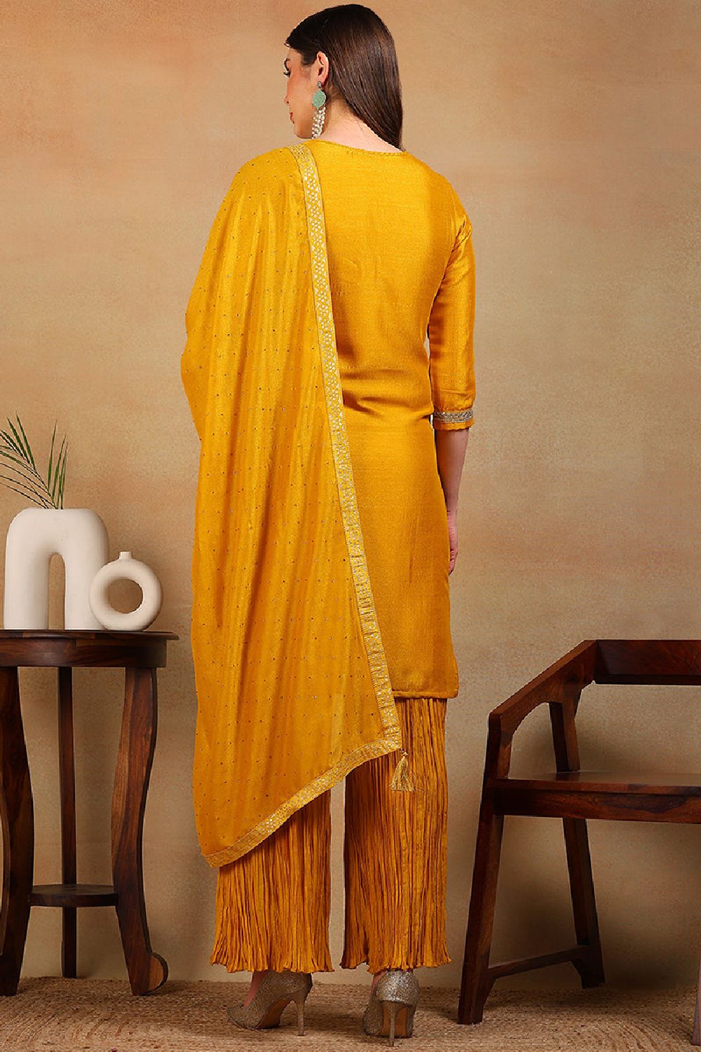 Yellow Silk Blend Solid Embroidered Straight Suit Set