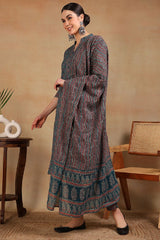 Teal Rayon Blend Ethnic Motifs Printed Straight Suit Set