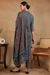 Teal Rayon Blend Ethnic Motifs Printed Straight Suit Set