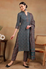 Teal Rayon Blend Ethnic Motifs Printed Straight Suit Set