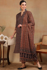 Navy Blue Rayon Blend Ethnic Motifs Printed Straight Suit Set