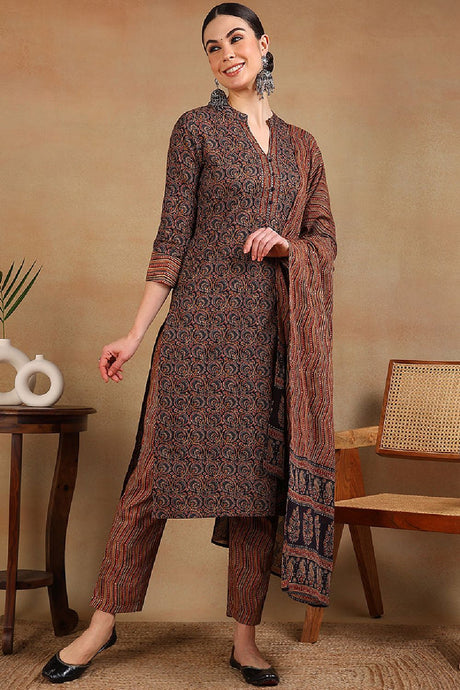 Navy Blue Rayon Blend Ethnic Motifs Printed Straight Suit Set