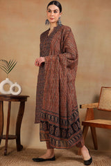 Navy Blue Rayon Blend Ethnic Motifs Printed Straight Suit Set