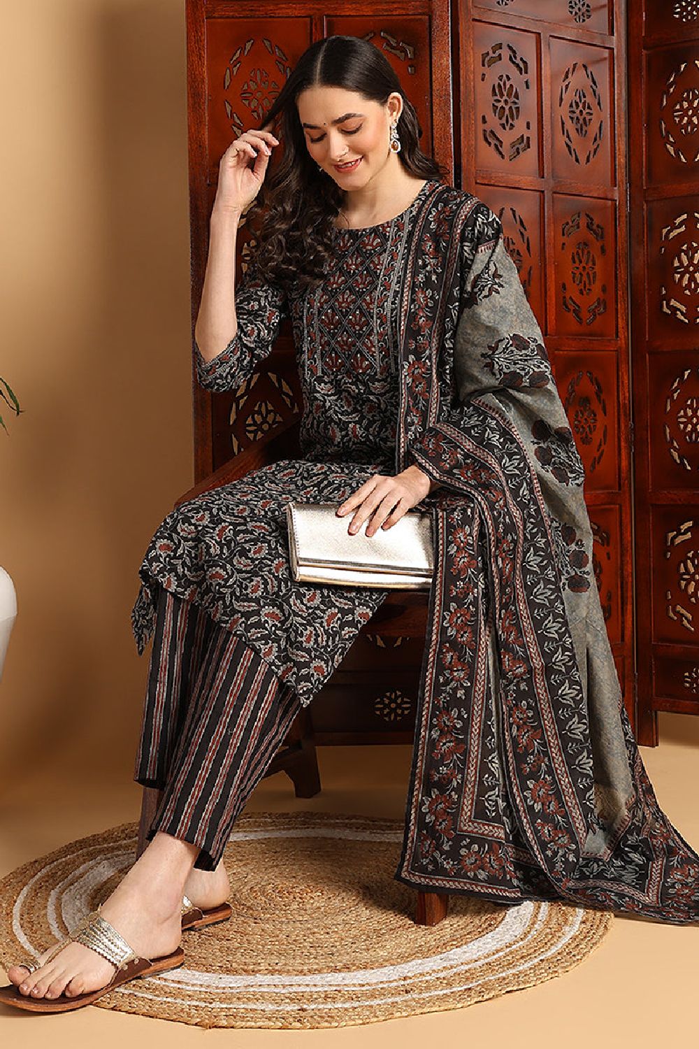 Black Pure Cotton Floral Printed Suit Set