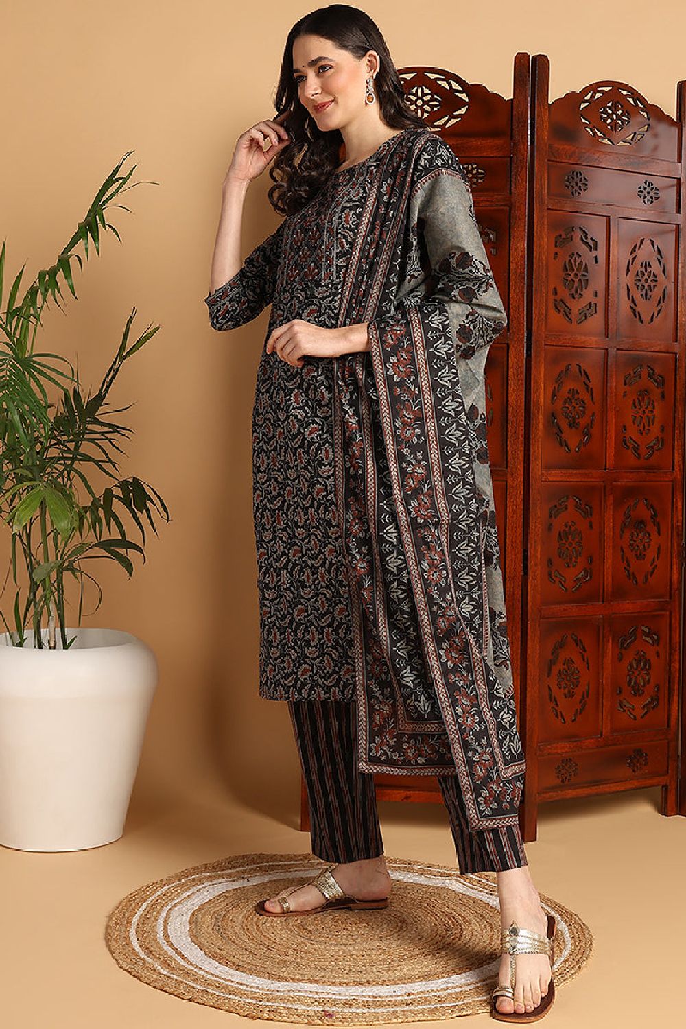 Black Pure Cotton Floral Printed Suit Set