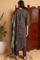 Black Pure Cotton Floral Printed Suit Set