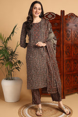 Brown Pure Cotton Floral Printed Suit Set