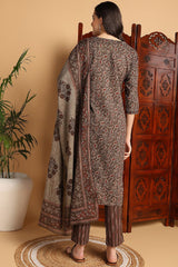 Brown Pure Cotton Floral Printed Suit Set