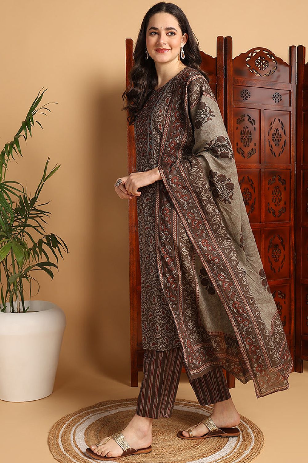 Brown Pure Cotton Floral Printed Suit Set