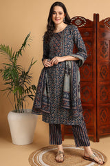 Blue Pure Cotton Floral Printed Suit Set