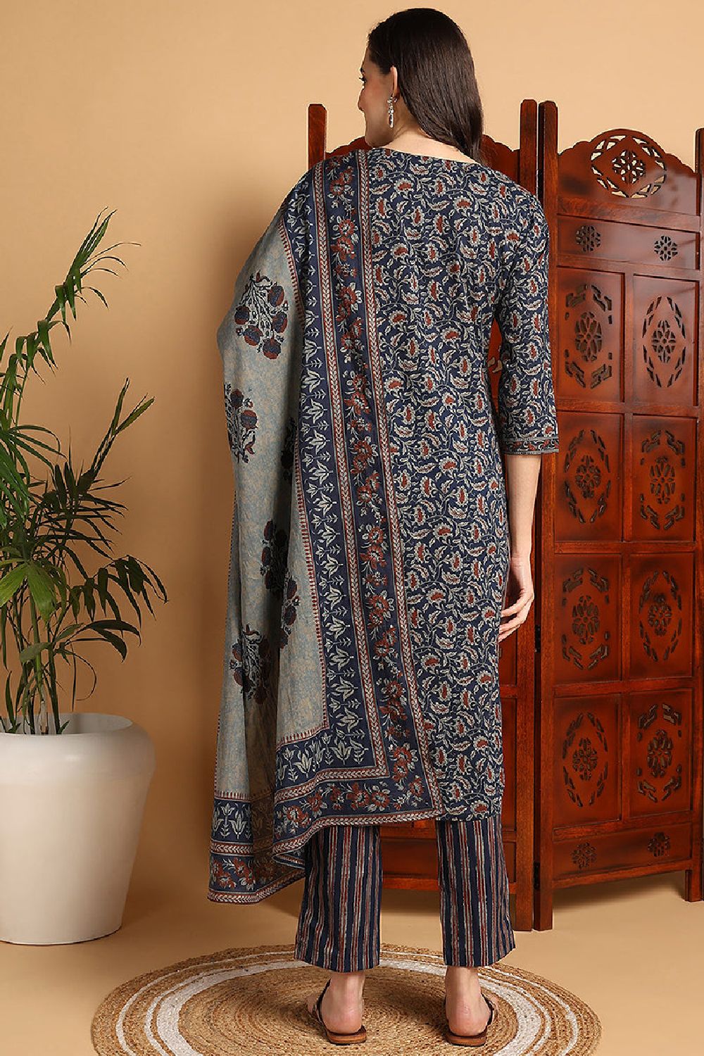 Blue Pure Cotton Floral Printed Suit Set