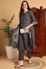 Blue Pure Cotton Floral Printed Suit Set