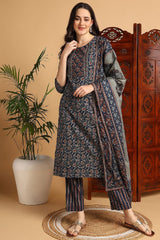 Blue Pure Cotton Floral Printed Suit Set