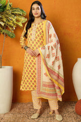 Yellow Rayon Blend Floral Printed Straight Suit Set