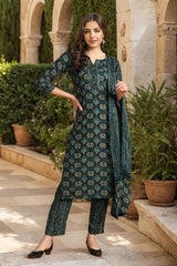 Green Viscose Rayon Ethnic Motifs Printed Straight Suit Set