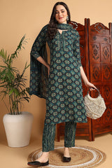 Green Viscose Rayon Ethnic Motifs Printed Straight Suit Set