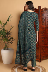 Green Viscose Rayon Ethnic Motifs Printed Straight Suit Set