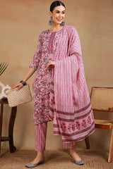 Pink Rayon Blend Floral Printed Straight Suit Set