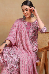 Pink Rayon Blend Floral Printed Straight Suit Set