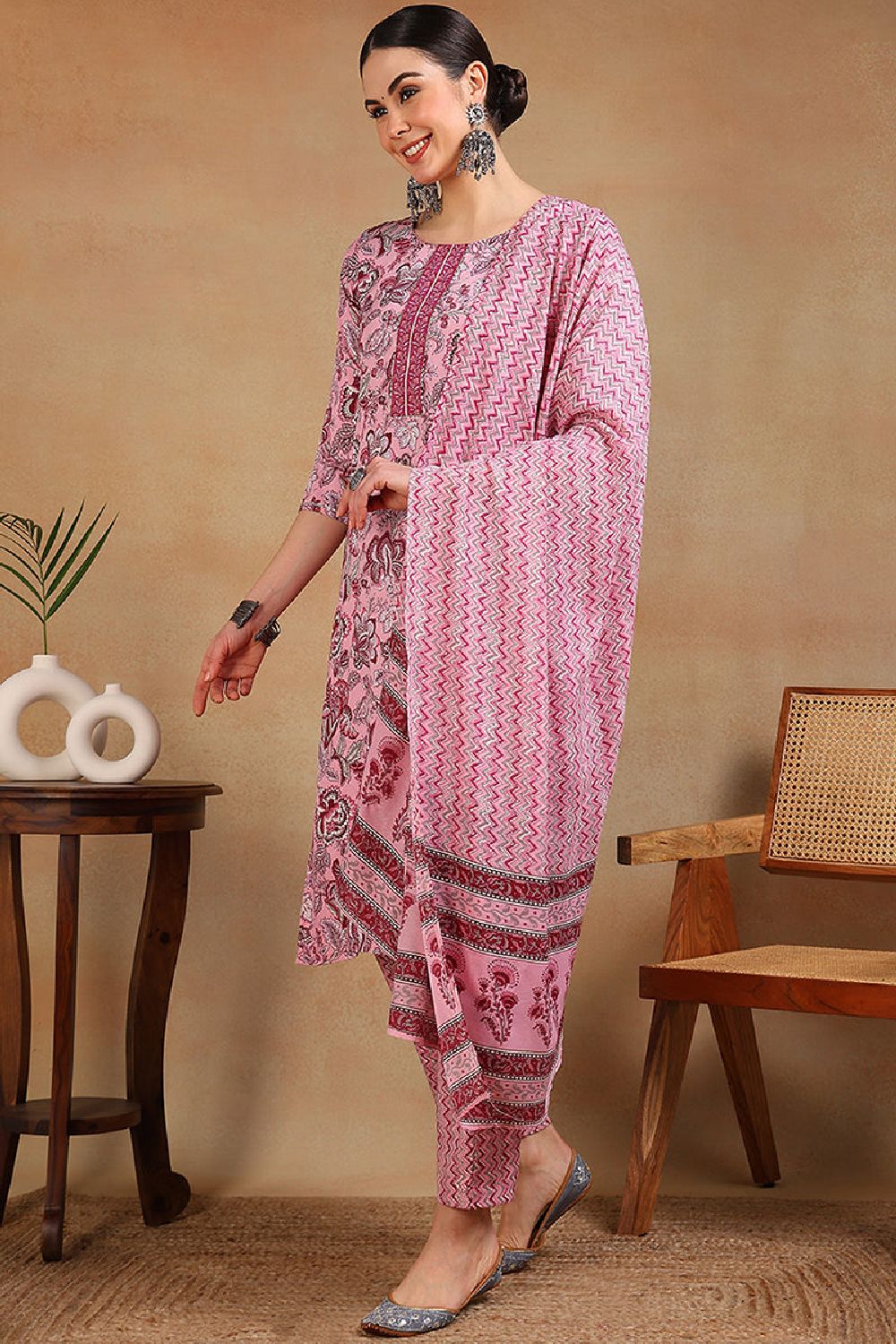 Pink Rayon Blend Floral Printed Straight Suit Set