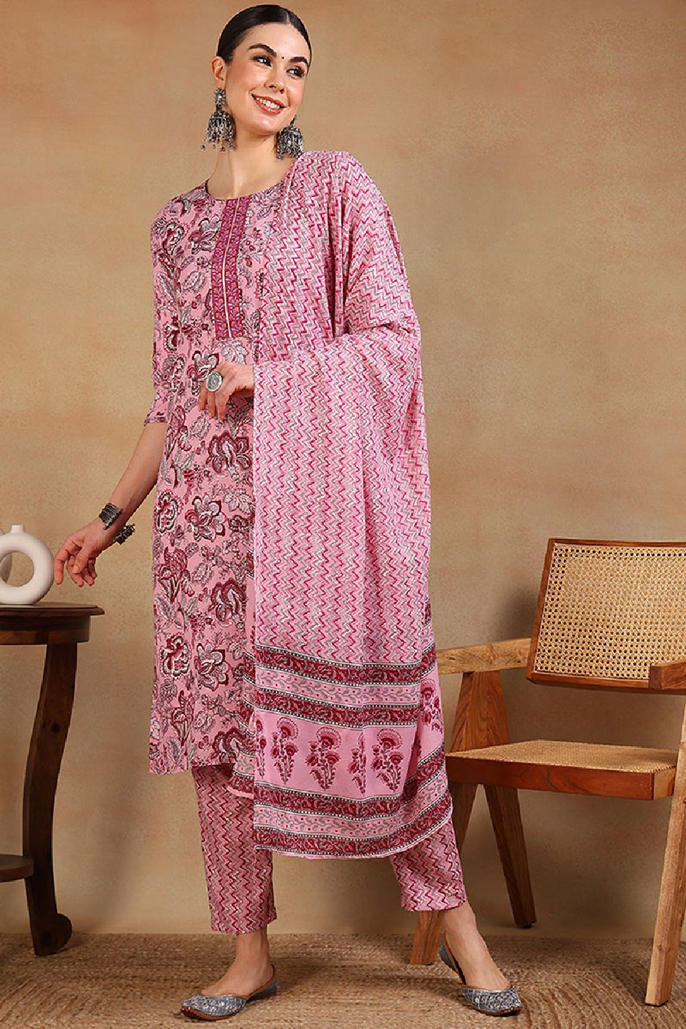 Pink Rayon Blend Floral Printed Straight Suit Set