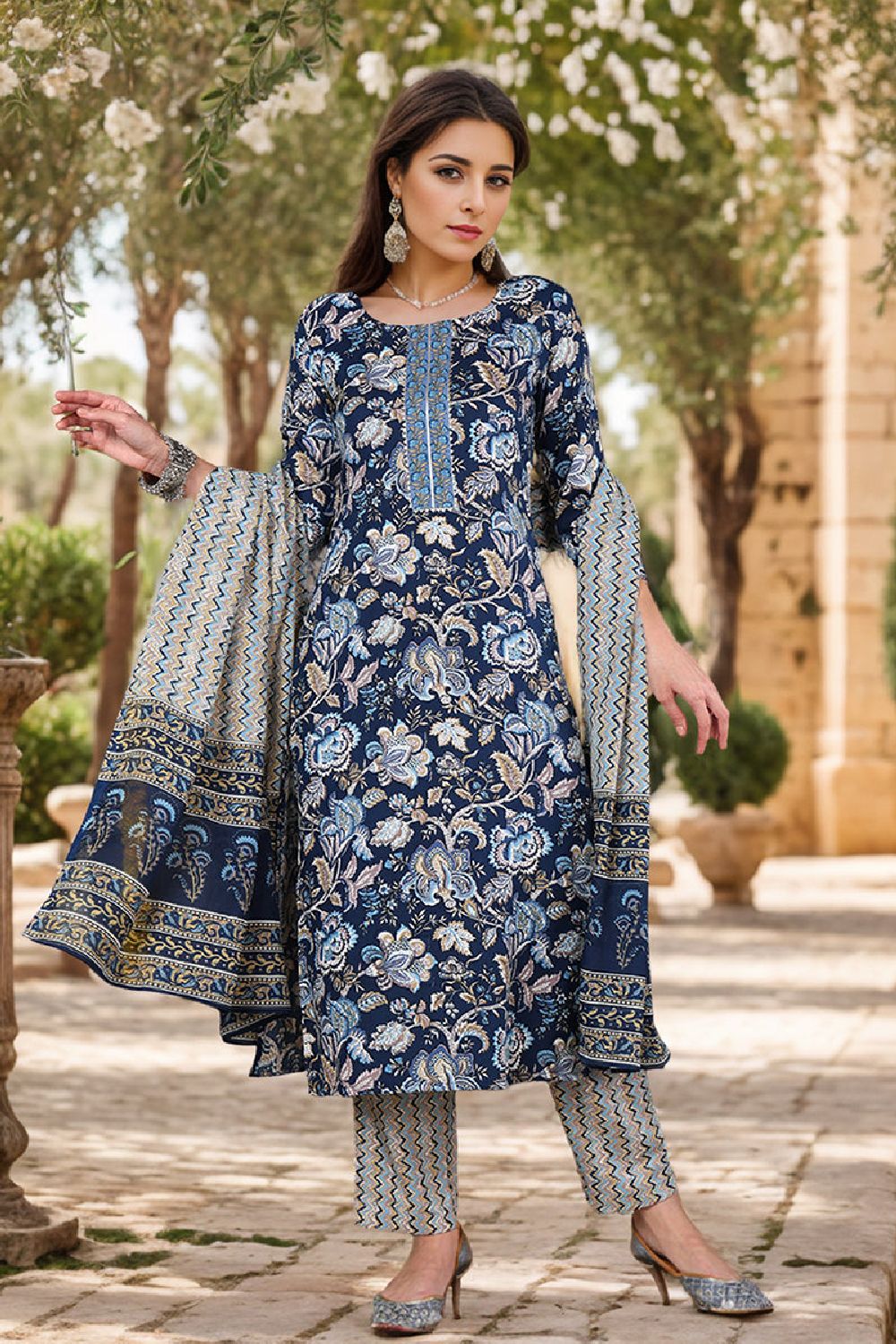 Blue Rayon Blend Floral Printed Straight Suit Set