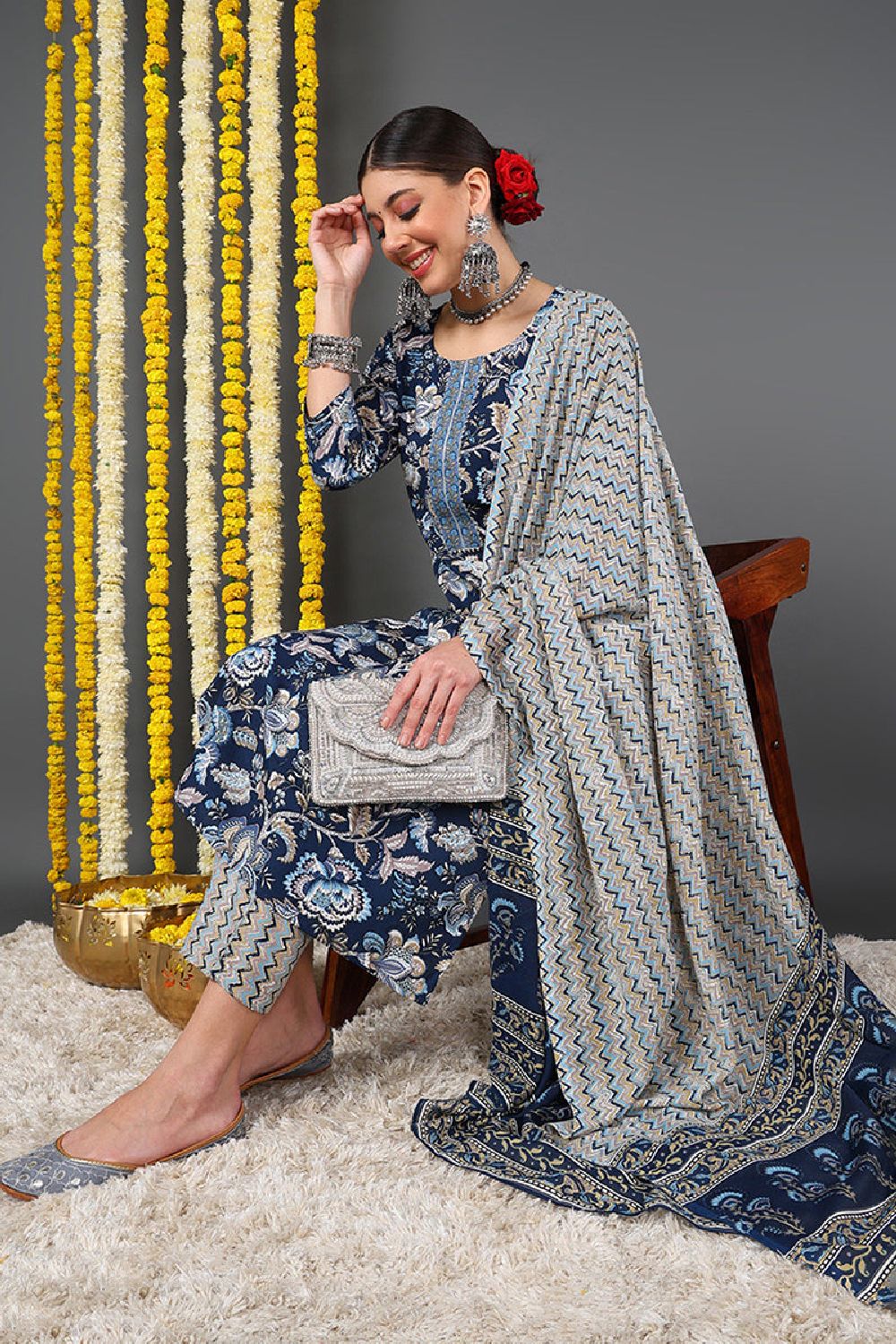 Blue Rayon Blend Floral Printed Straight Suit Set