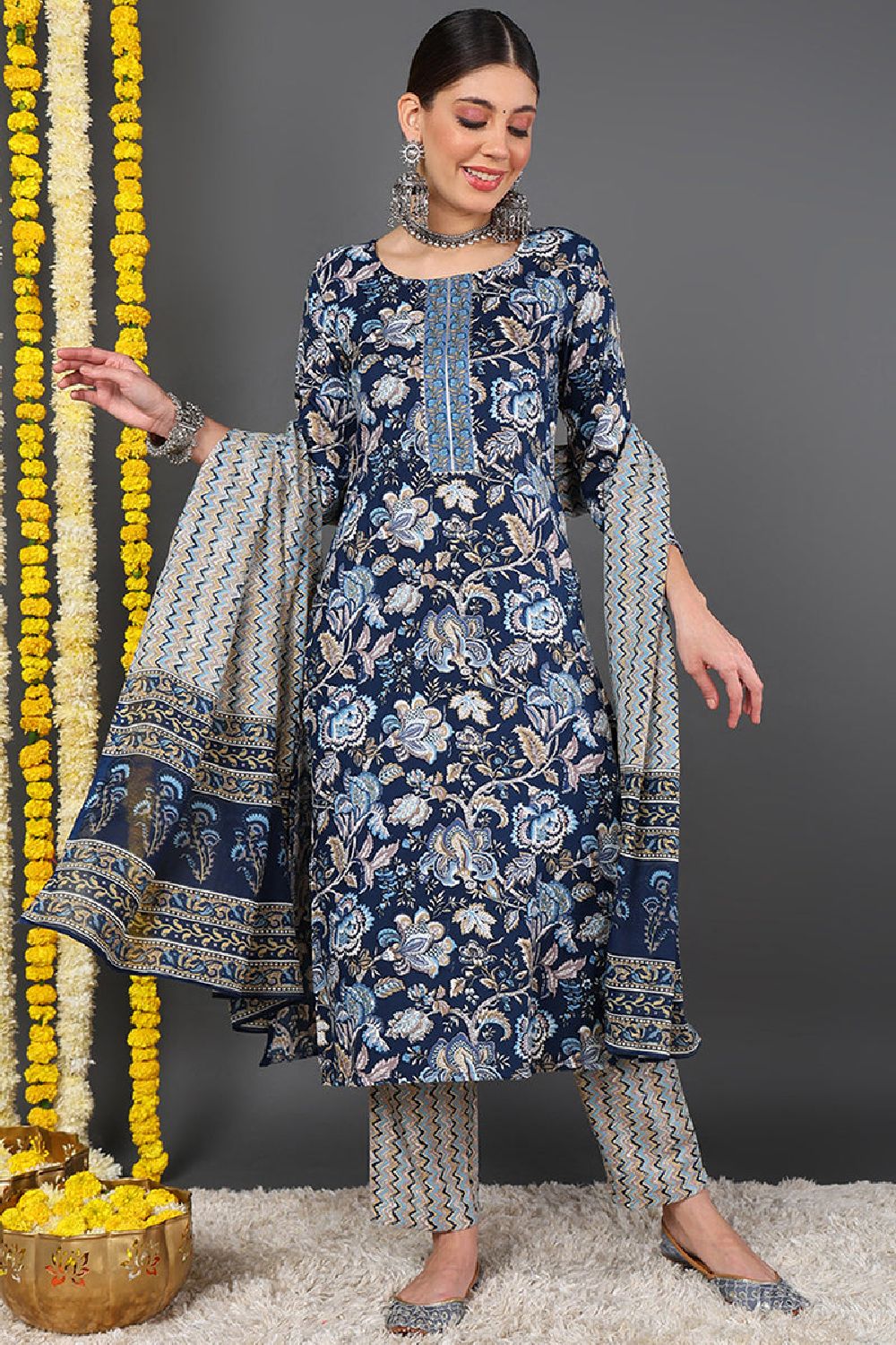 Blue Rayon Blend Floral Printed Straight Suit Set