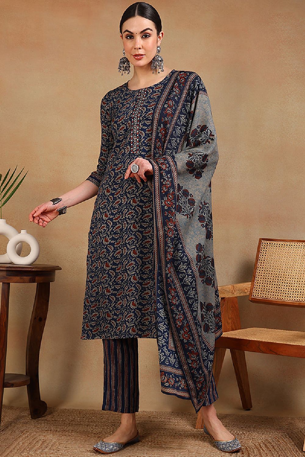 Blue Viscose Rayon Floral Embroidered Straight Suit Set