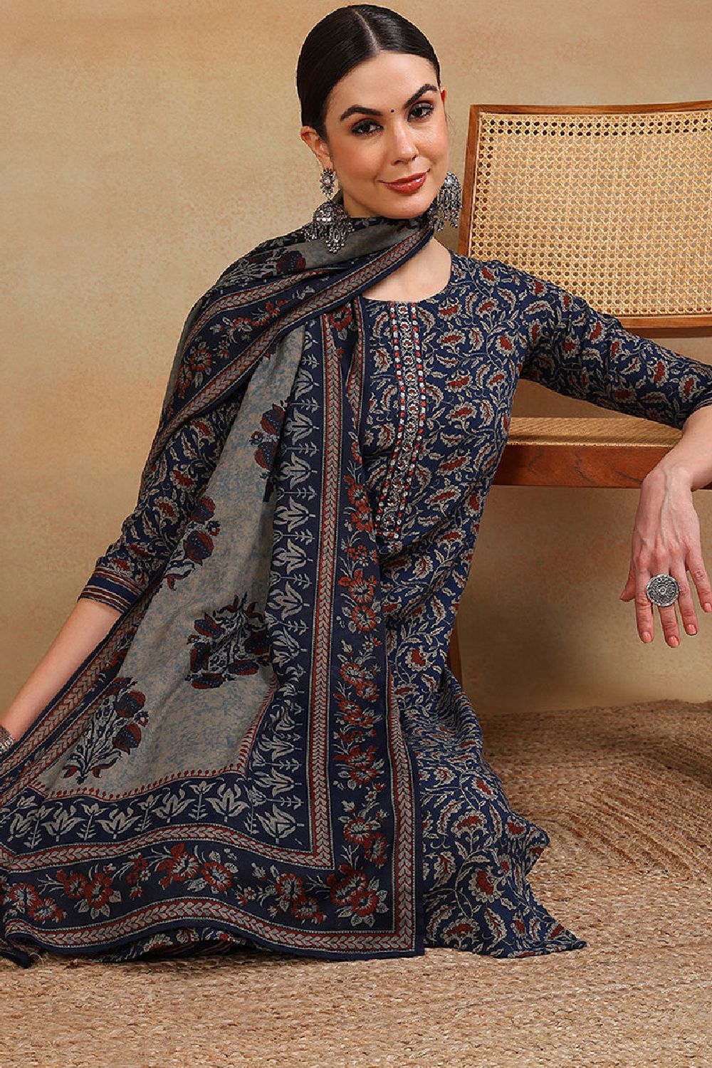 Blue Viscose Rayon Floral Embroidered Straight Suit Set