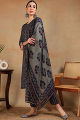 Blue Viscose Rayon Floral Embroidered Straight Suit Set