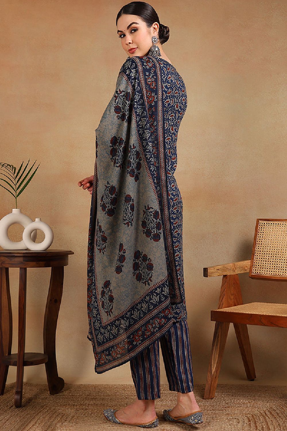 Blue Viscose Rayon Floral Embroidered Straight Suit Set