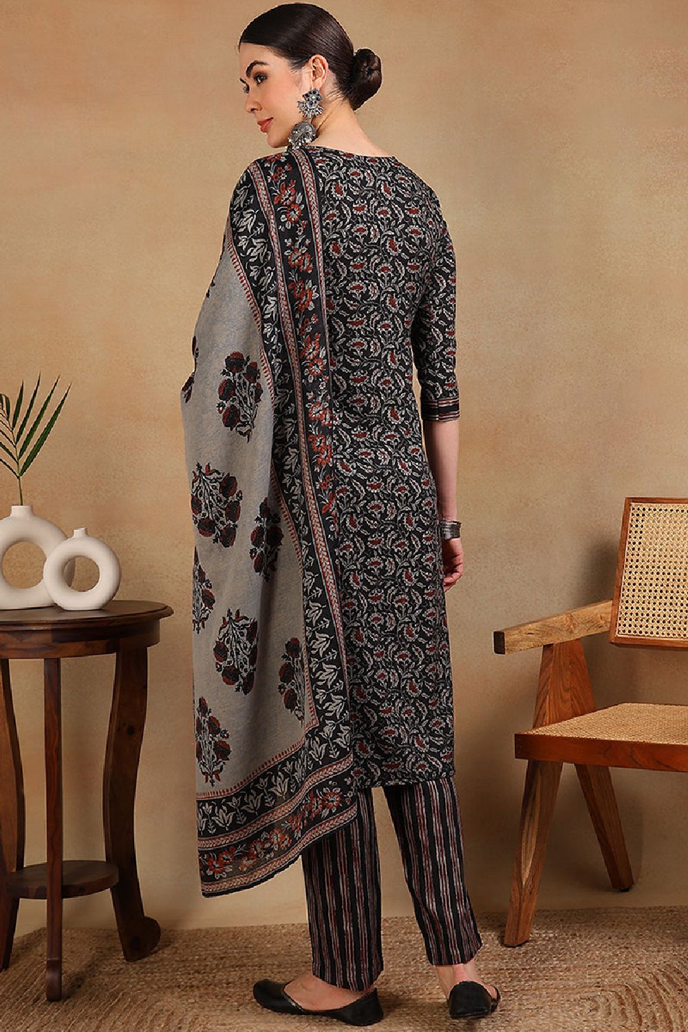 Black Viscose Rayon Floral Embroidered Straight Suit Set