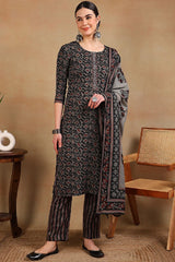 Black Viscose Rayon Floral Embroidered Straight Suit Set